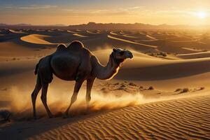 ein Wüste Szene mit Sand Dünen und ein Sonne Rahmen foto