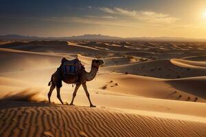 ein Wüste Szene mit Sand Dünen und ein Sonne Rahmen foto