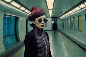 ein Frau tragen Sonnenbrille und ein Plaid Mantel Stehen im Vorderseite von ein U-Bahn Zug foto