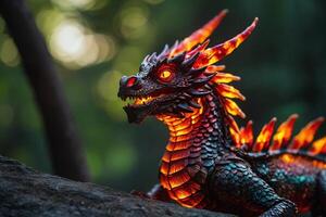 ein Drachen Statue mit glühend rot Augen foto