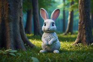 ein Weiß Hase ist Sitzung im das Gras in der Nähe von ein Baum foto