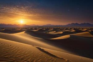 das Sonne setzt Über das Wüste beim Nacht foto