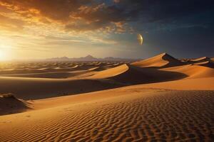 ein Wüste Szene mit Sand Dünen und ein Sonne Rahmen foto