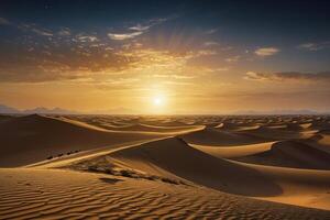 ein Wüste Szene mit Sand Dünen und ein Sonne Rahmen foto