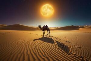 ein Kamel ist Gehen im das Wüste beim Nacht mit ein voll Mond foto