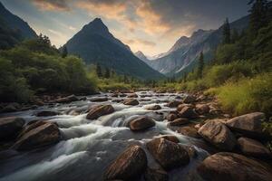 ein Fluss fließt durch ein Wald mit Berge im das Hintergrund foto