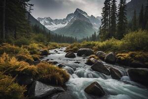 ein Fluss fließt durch ein Wald mit Berge im das Hintergrund foto