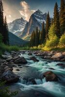 ein Fluss fließt durch ein Wald mit Berge im das Hintergrund foto