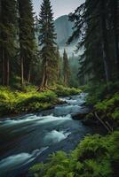 ein Fluss fließt durch ein Wald mit Berge im das Hintergrund foto