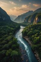 ein Fluss fließt durch ein Wald mit Berge im das Hintergrund foto