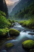 ein Fluss fließt durch ein Wald mit Berge im das Hintergrund foto