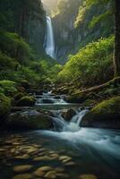 ein Fluss fließt durch ein Wald mit Berge im das Hintergrund foto