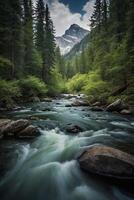 natürlich Landschaft mit ein Fluss und Stromschnellen gegen ein Wald Hintergrund foto