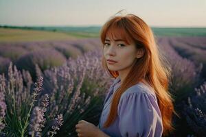 rothaarig Mädchen Spaziergänge durch ein Lavendel Feld foto