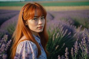 rothaarig Mädchen Spaziergänge durch ein Lavendel Feld foto