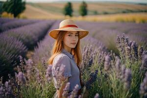 ein Frau im ein Hut und lila Hemd im ein Lavendel Feld foto