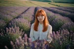 ein Frau mit rot Haar im ein Lavendel Feld foto