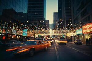 ein Stadt Straße mit Autos und Beleuchtung im das Hintergrund foto