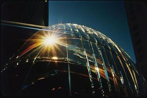 ein groß Glas Gebäude mit das Sonne leuchtenden durch es foto