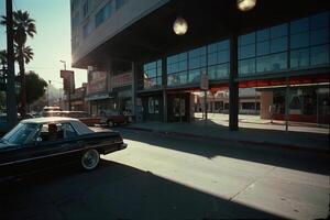 ein Auto fährt Nieder ein Stadt Straße mit Palme Bäume foto