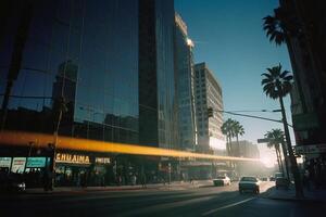 ein Auto fährt Nieder ein Stadt Straße mit Palme Bäume foto