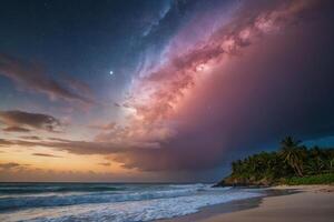 ein stürmisch Himmel Über das Ozean und Strand beim Sonnenuntergang foto