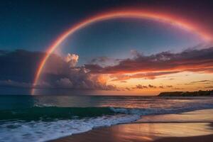 ein Regenbogen ist gesehen Über das Ozean wie es ist reflektiert im das Wasser foto