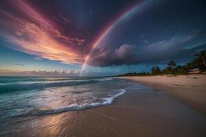 ein bunt stürmisch Himmel Über das Ozean und Sand foto