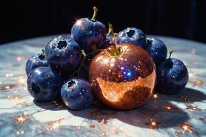 Blaubeeren und ein Apfel auf ein Marmor Tabelle foto