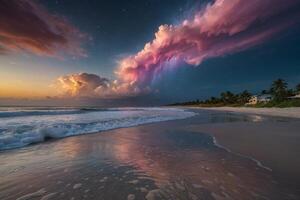 ein bunt Sonnenuntergang Über das Ozean und Strand foto