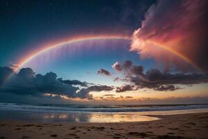 ein Regenbogen ist gesehen Über das Ozean beim Nacht foto