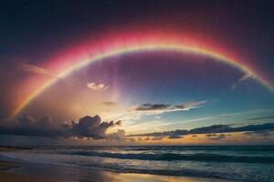 ein Regenbogen ist gesehen Über das Ozean beim Nacht foto