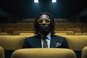 ein Mann mit Dreadlocks und Gelb Brille Sitzung im ein Theater foto