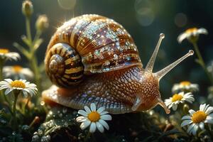 Schnecke im das Feld mit Gänseblümchen foto