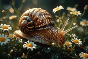 Schnecke im das Feld mit Gänseblümchen foto