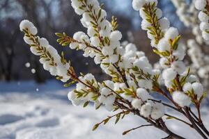 ai generiert ein Ast mit Schnee auf es im das Schnee foto