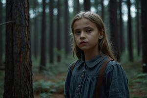 ai generiert ein jung Mädchen Stehen im das Wald foto