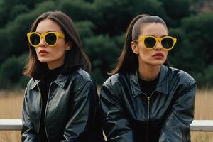 ai generiert zwei Frauen tragen Gelb Sonnenbrille Stehen Nächster zu jeder andere foto
