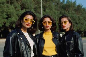 ai generiert drei Frauen tragen Gelb Sonnenbrille und schwarz Leder Jacken foto
