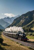 ai generiert ein Dampf Zug Reisen durch das Berge foto