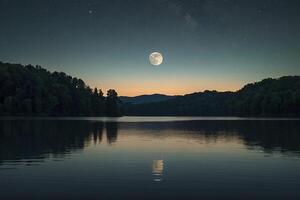 ai generiert ein voll Mond ist gesehen Über ein See beim Nacht foto
