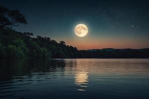 ai generiert ein voll Mond ist gesehen Über ein See beim Nacht foto