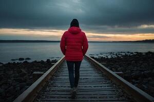 ai generiert ein Person Gehen auf ein hölzern Brücke Über Wasser foto