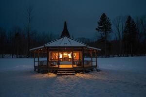 ai generiert ein Pavillon zündete oben beim Nacht im das Schnee foto