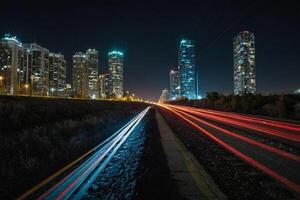 ai generiert ein lange Exposition fotografieren von ein Stadt beim Nacht foto