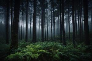ai generiert ein dunkel Wald mit Farne und Bäume foto
