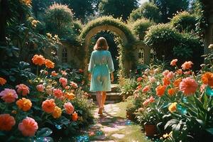 ai generiert ein Frau Gehen durch ein Garten mit Blumen foto