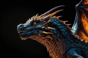 ein Drachen Statue mit Orange Flügel und Blau Augen foto