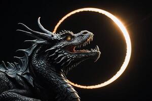 ein Drachen Statue mit es ist Flügel Verbreitung aus im Vorderseite von ein voll Mond foto