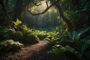 ein Pfad durch das Urwald mit Sonnenlicht leuchtenden durch das Bäume foto